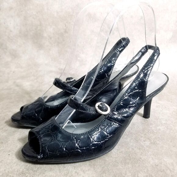 Predictions Womens 70965 Size 6 Black Croc Print Slip On Peep Toe Slingback Heel - Picture 3 of 10